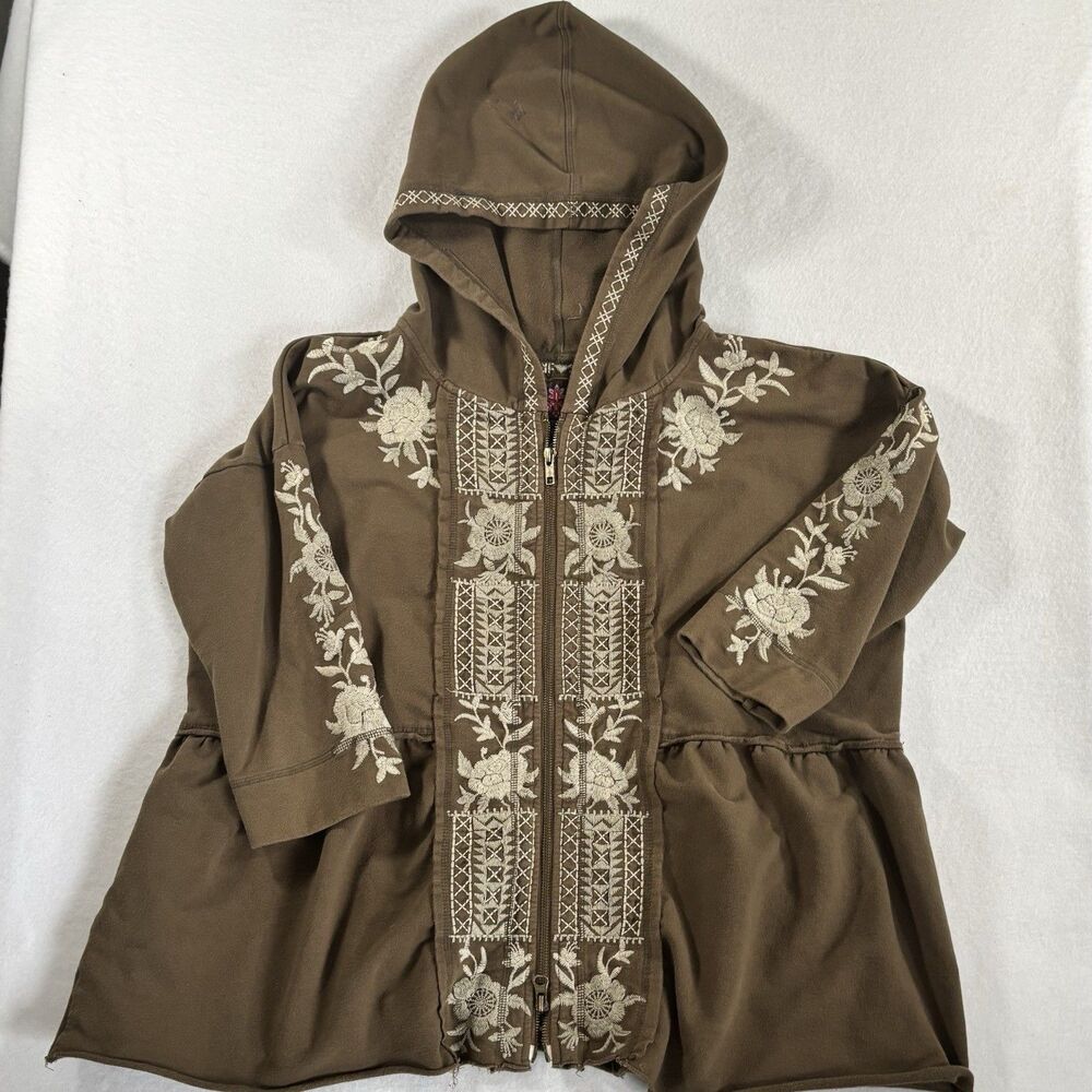 Johnny Was Embroidered Hoodie Brown Full Zip Babydoll Oversized Boxy